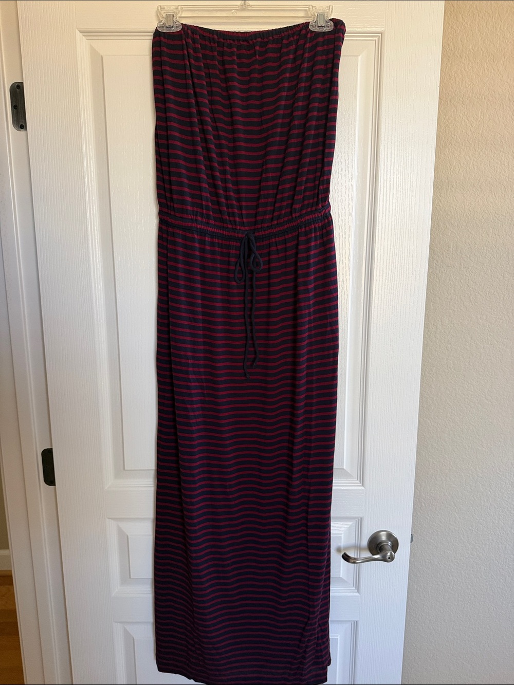 J Crew Striped Navy & Red Strapless Maxi Dress, S